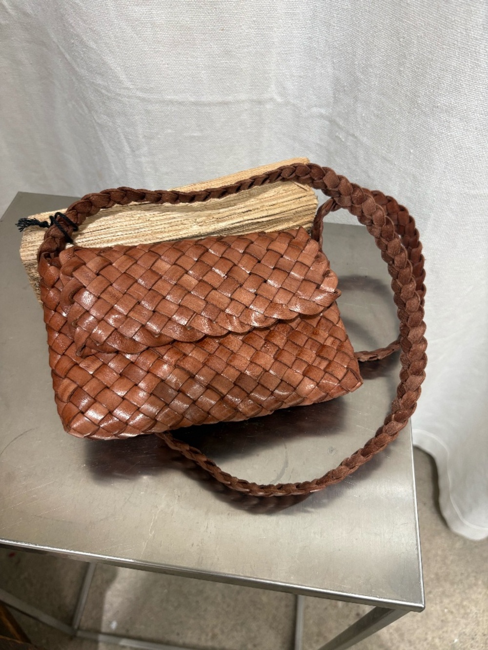 Veev Woven Leather Crossbody Bag in Caramel